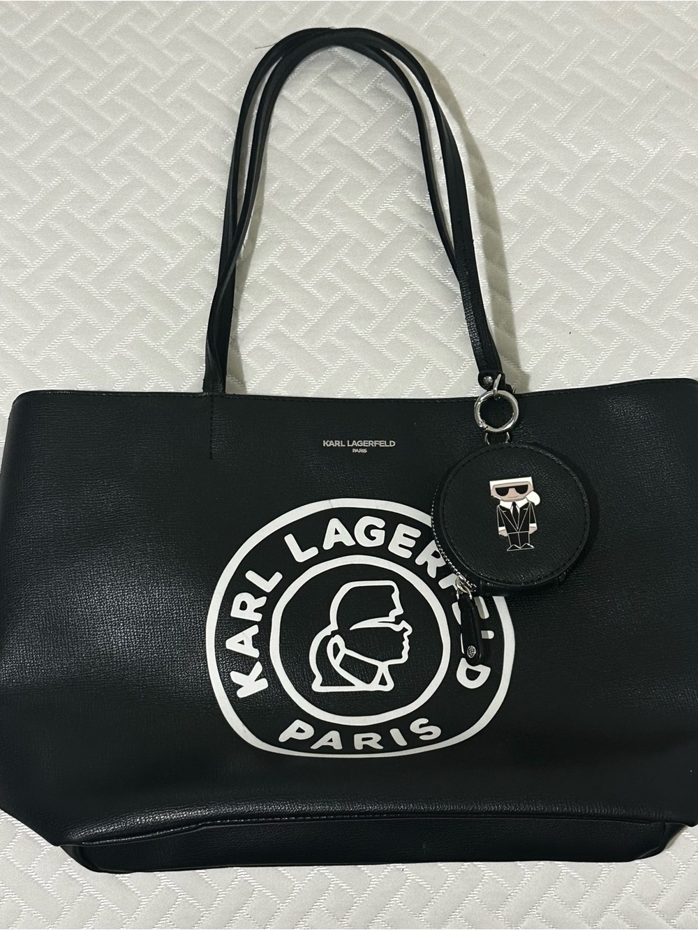 Karl Lagerfeld Black and White Logo Tote with Charm Accent